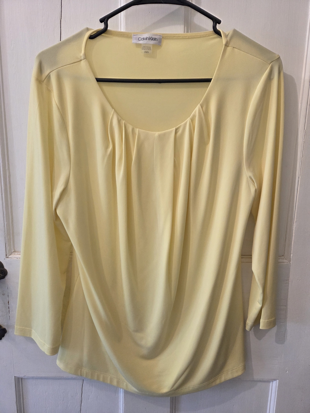 Calvin Klein Light Yellow Pleated Scoop-Neck Long Sleeve Top